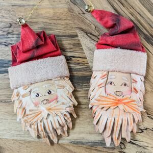 Pair of Vintage Silvestri Primitive Santa Ornaments, Metal and Stiffened Cloth